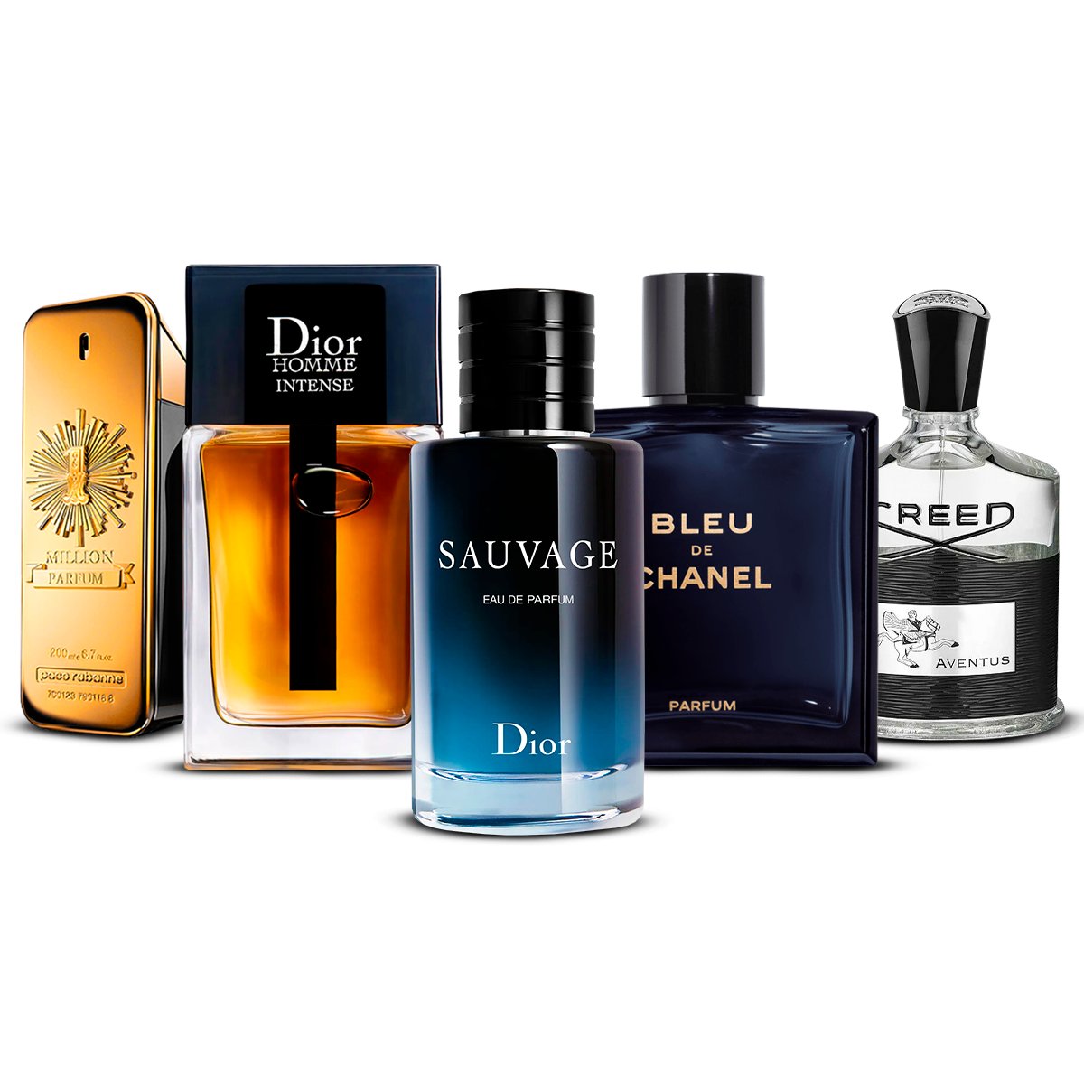 Sada 5 parfumov  –  1 Million, Dior Homme Intense, Sauvage, Bleu de Chanel a Creed Aventus  [100 ml každý]