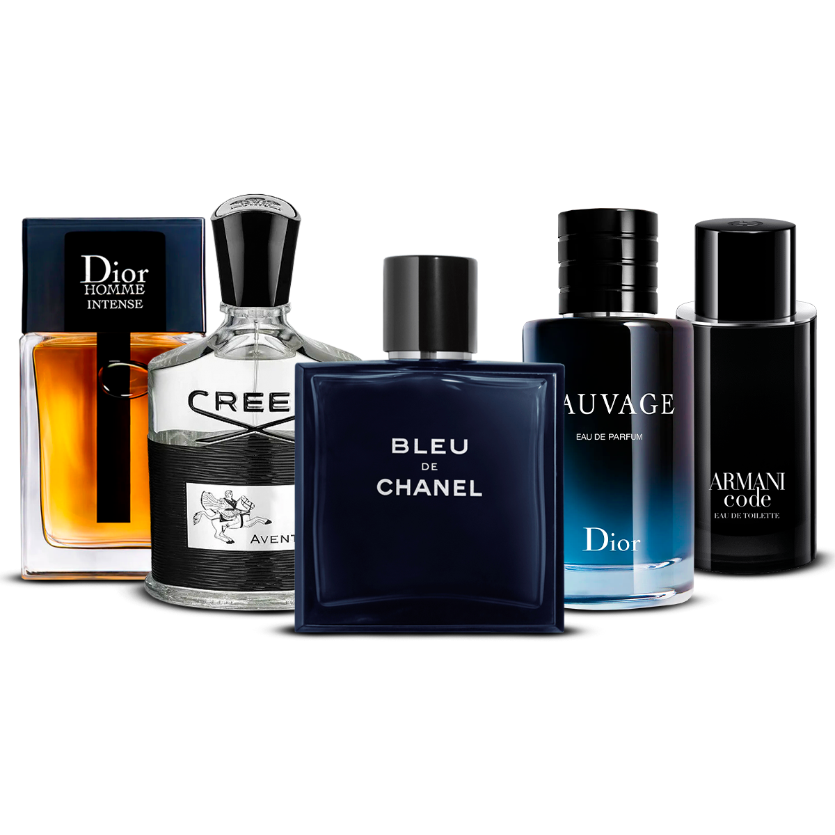 Sada 5 parfumov  –  Dior Homme Intense, Creed Aventus, Bleu de Chanel, Sauvage a Armani Code   [100 ml každý]