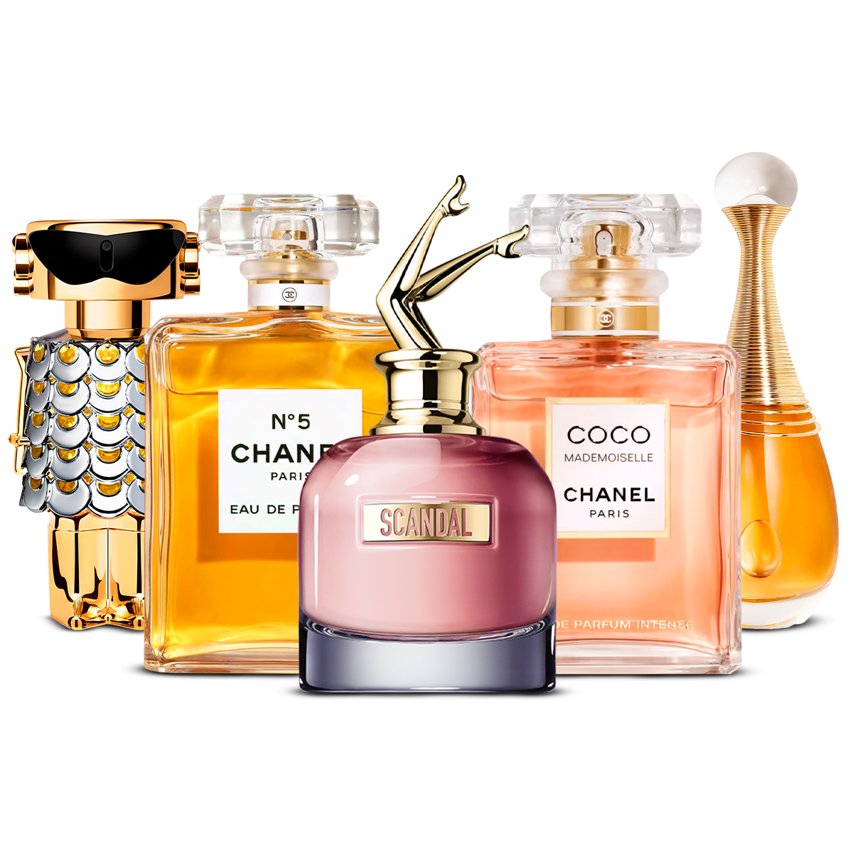 Sada 5 parfumov – Fame, Chanel Nº5, Scandal, Coco Mademoiselle a J'adore [100 ml každý]