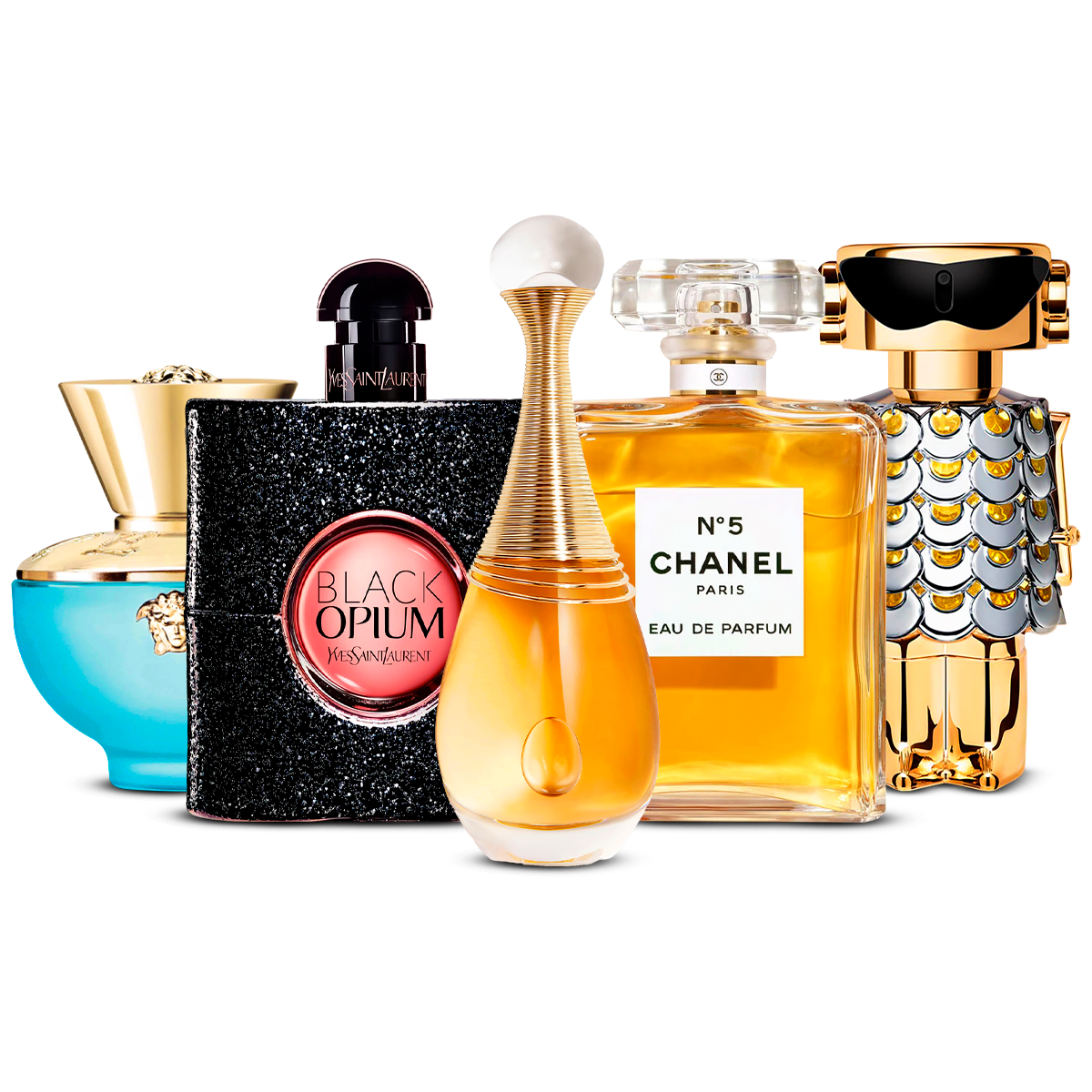 Sada 5 parfumov  – Versace Dylan Turquoise, Black Opium, J'adore, Chanel Nº5 a Fame  [100 ml každý]
