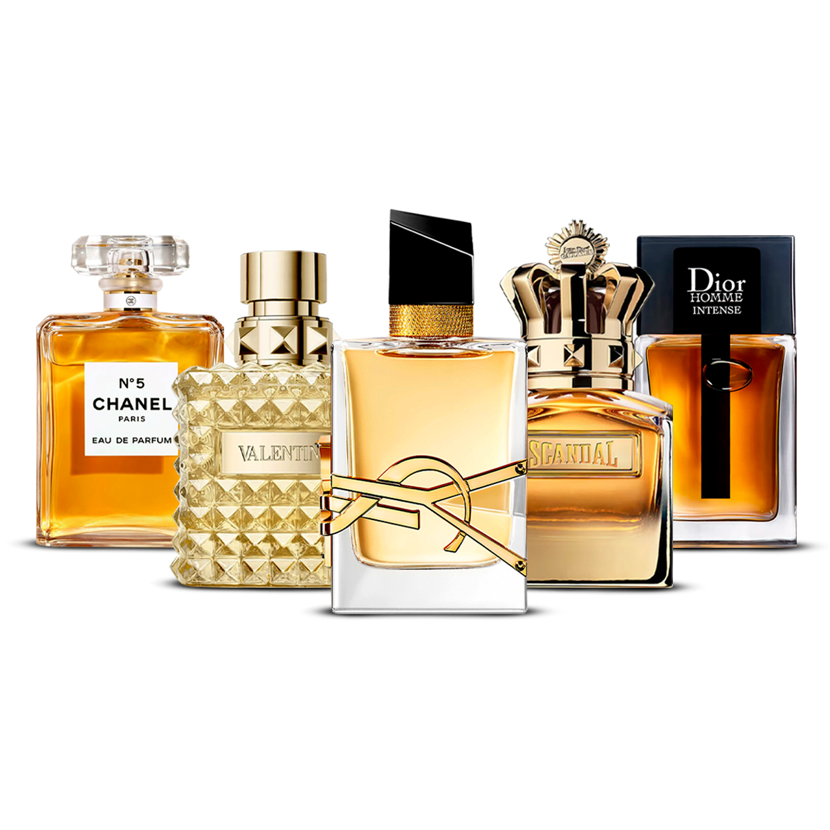 Sada 5 parfumov  – Chanel Nº5, Valentino Uomo, Yves Saint Laurent Libre, Scandal Pour Homme a Dior Homme Intense  [100 ml každý]