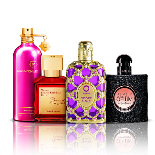 Sada 4 parfumov | Orientica Velvet Gold + Baccarat Rouge + Black Opium + Montale Roses Musk 100 ml